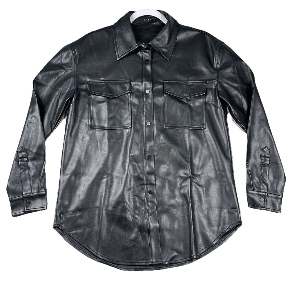 Spym Faux Leather Shirt Womens 8 Snap Shacket Soft Lined Vegan Black
